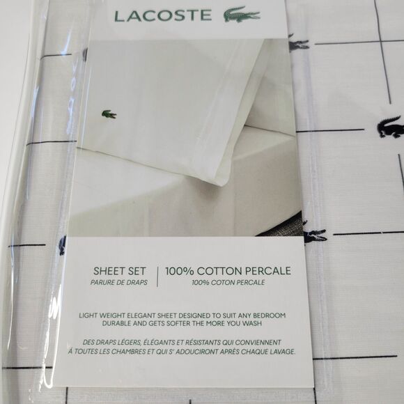 Lacoste White Black Grid 4pc QUEEN Sheets Set 100% Cotton Crocodile Anthracite - Picture 4 of 11